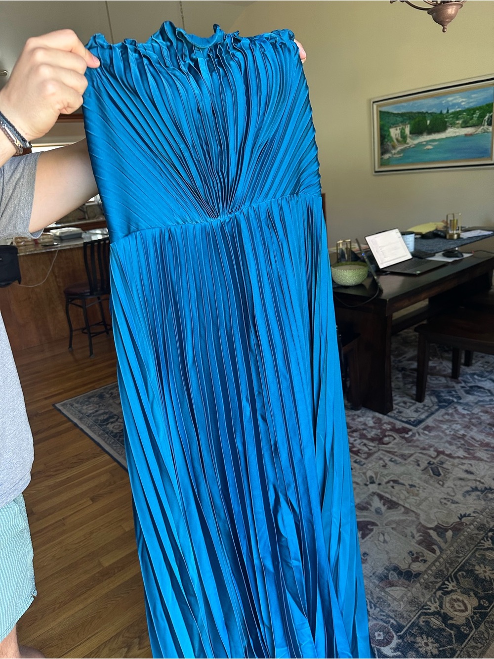 Blue Pleated Strapless Maxi Dress
